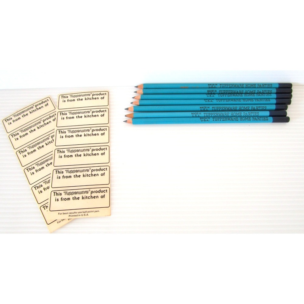 Vintage Tupperware Home Parties 8 Unused Blue Pencils and 12 Labels Stickers USA